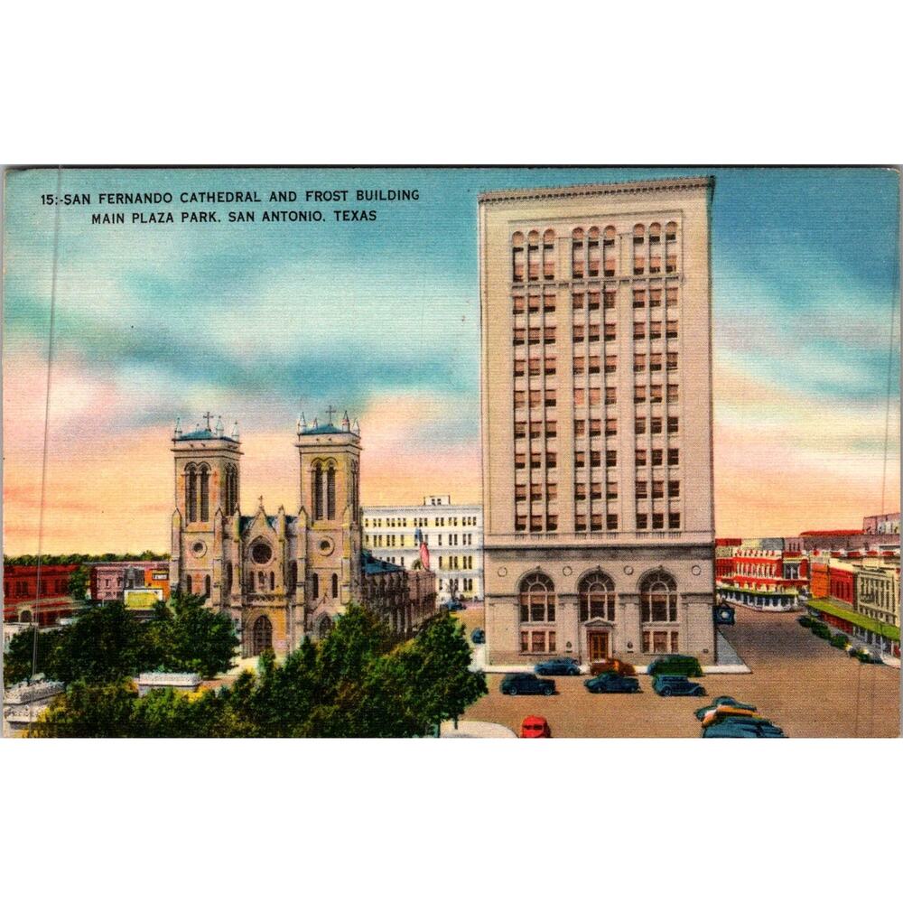 San Fernando Cathedral & Frost Building San Antonio TX Vintage Postcard SP17-24